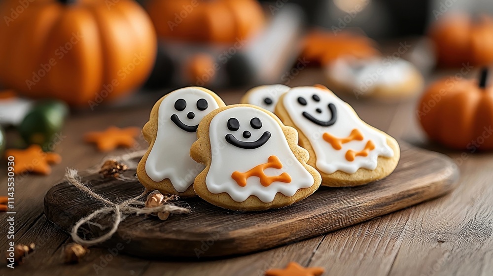 Cheerful Halloween Cookies on Rustic Wooden Plate with Pumpkins and Autumn Decor Homemade Gingerbread Biscuits in Ghost and Pumpkin Shapes for Holiday Cheerful Halloween Cookies on Rustic Wooden Plate with Pumpkins and Autumn Decor Homemade Gingerbread Biscuits in Ghost and Pumpkin Shapes for Holiday