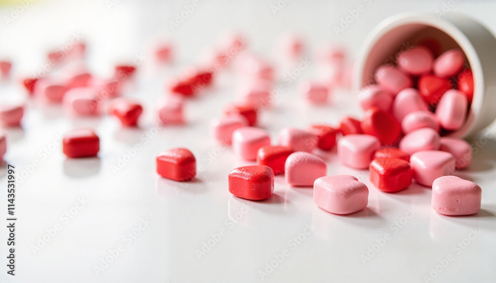 Pink and Red Heart-Shaped Candies Scattered from White Container Pink and Red Heart-Shaped Candies Scattered from White Container