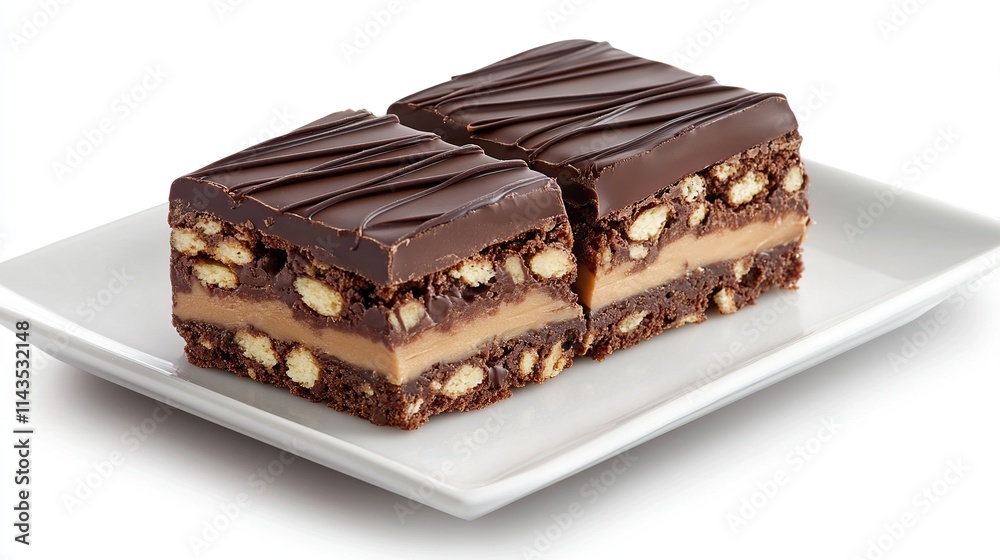 Two chocolate peanut butter squares on a white plate. Two chocolate peanut butter squares on a white plate.