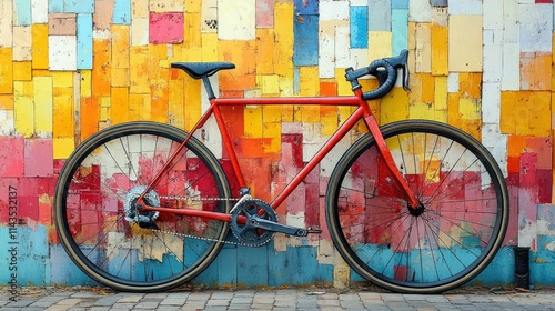 Red bicycle leans against colorful wall. photo