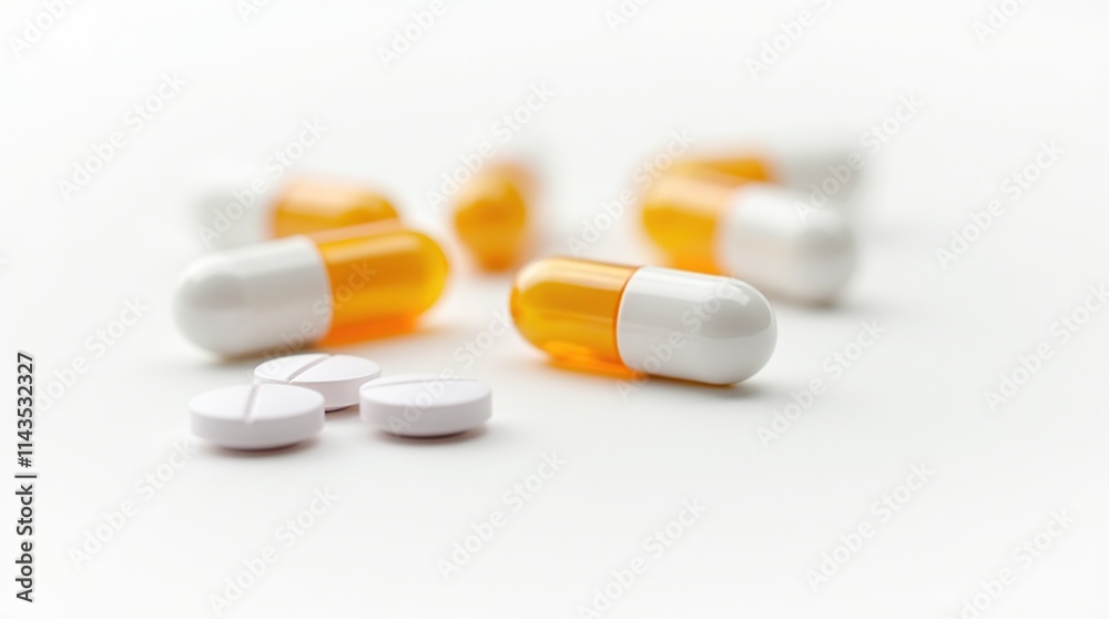 Assorted Capsules And Tablets on White Background Assorted Capsules And Tablets on White Background