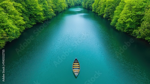 Serene Aerial View of a Single Boat on Tranquil Green River
