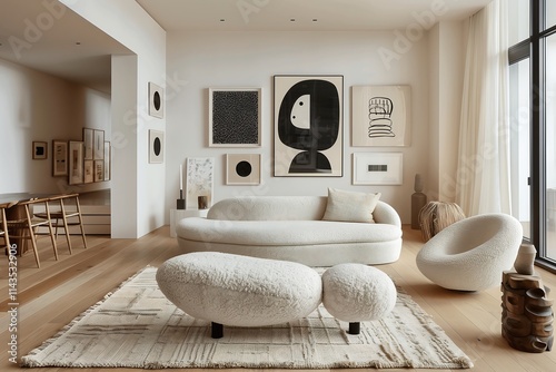 Scandinavian-style living room interior design with light oak flooring, a white boucle sofa, and a gallery wall featuring minimalist black-and-white art.