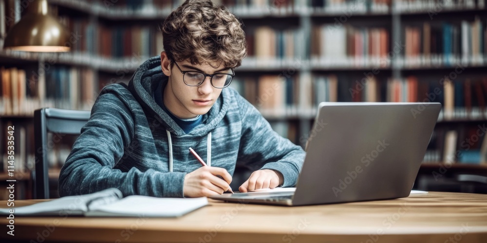 A young scholar writing notes while utilizing a laptop for research. A young scholar writing notes while utilizing a laptop for research.