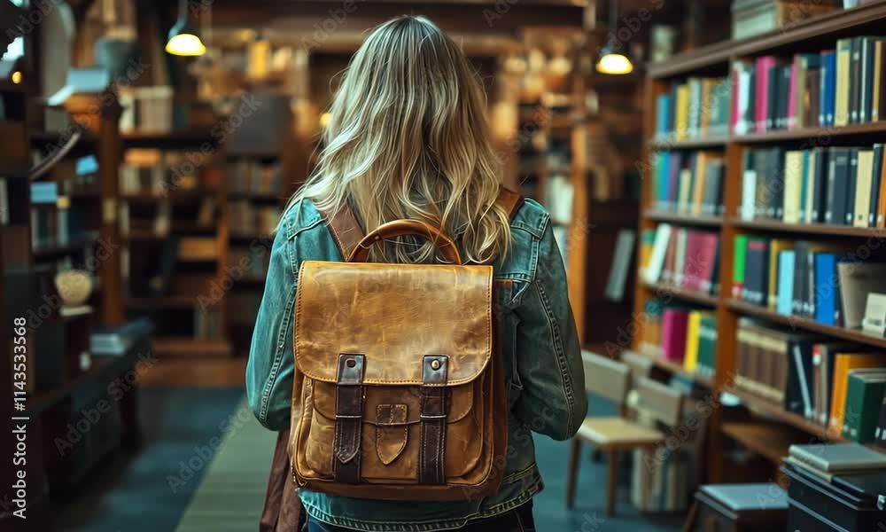 A person with a backpack in a cozy library setting. A person with a backpack in a cozy library setting.