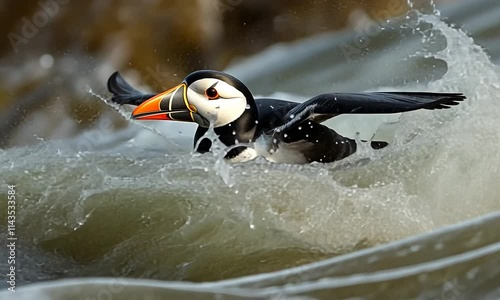 A puffin in mid-flight over ocean waves, splashing water around.