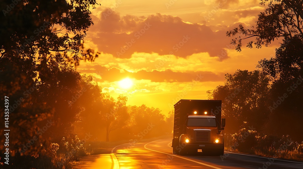 Golden Hour Trucking: Semi-Truck on a Rural Highway at Sunset. AI Generated Golden Hour Trucking: Semi-Truck on a Rural Highway at Sunset. AI Generated