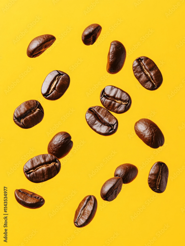 coffee beans falling in the air isolated on a white background. coffee beans flying on yellow background isolated coffee beans falling in the air isolated on a white background. coffee beans flying on yellow background isolated