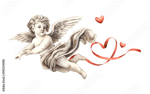 Cherub angel cupid of love made of ceramic material with a red heart and a silk ribbon. Watercolor illustration in vintage style, suitable for wedding, Valentine's Day, anniversary, cards, banner