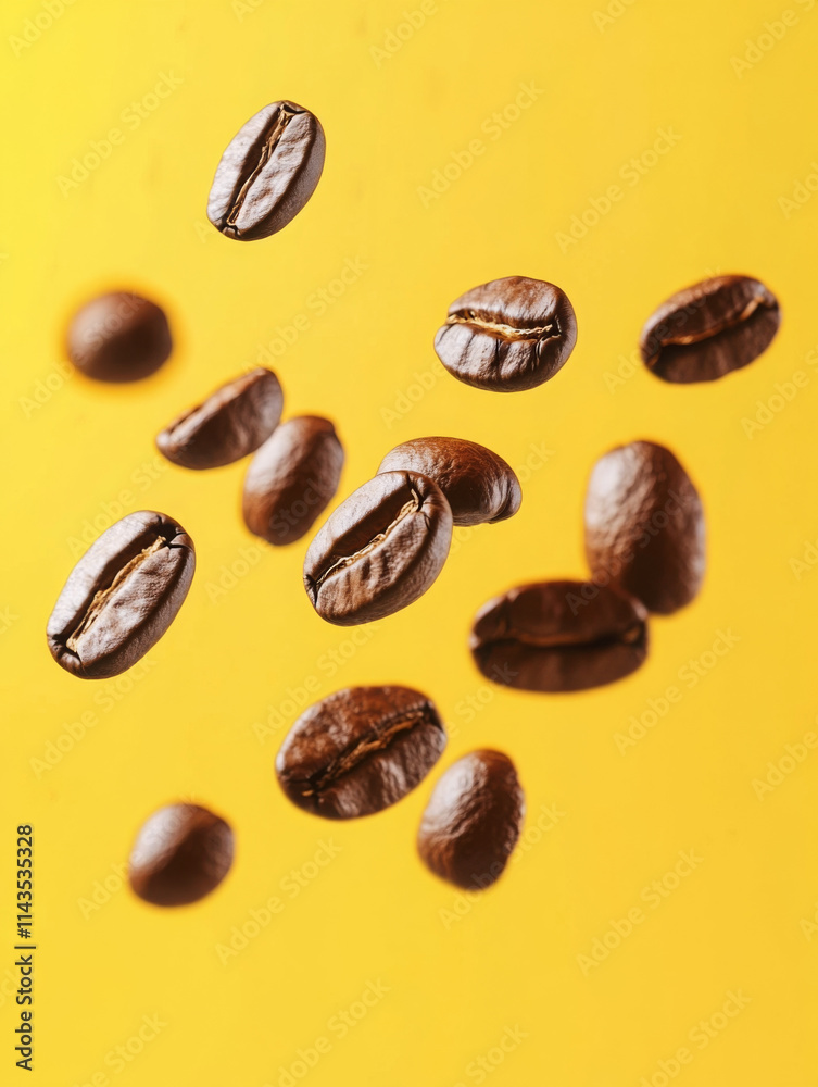 coffee beans falling in the air isolated on a white background. coffee beans flying on yellow background isolated coffee beans falling in the air isolated on a white background. coffee beans flying on yellow background isolated