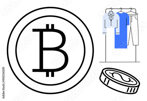 Large Bitcoin symbol coins next to a clothing rack with shirts and pants. Ideal for e-commerce, online shopping, fashion industry, digital payments, cryptocurrency, retail, fintech. Line metaphor