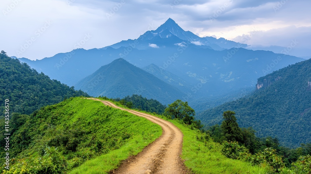 Obraz premium Scenic Mountain Trail Overlooking Lush Green Valley in Nature