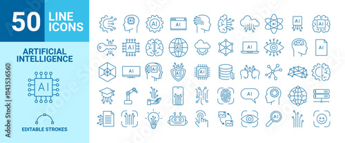Set of 50 web icons of artificial intelligence in line style. AI technology icons for web and mobile applications.
