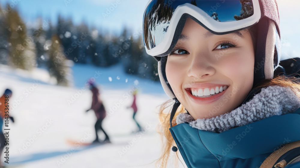 Malay woman snowboarding with helmet and goggles at slope snow mountain Malay woman snowboarding with helmet and goggles at slope snow mountain