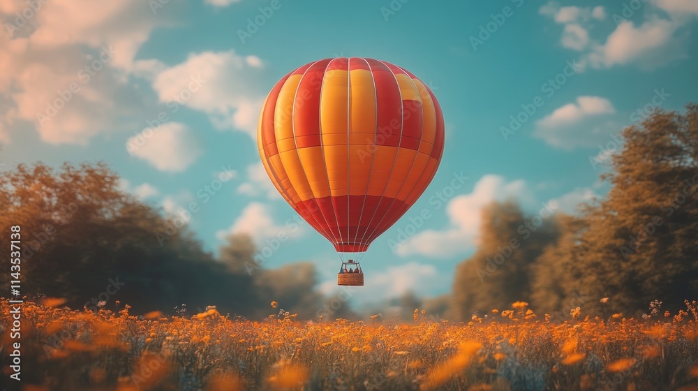Obraz premium Hot air balloon floats above orange wildflowers.