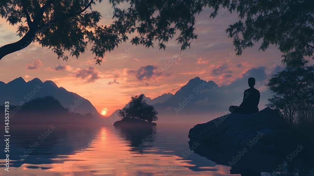 Serene Sunset Meditation: A Digital Painting of Tranquility by a Mountain Lake. AI Generated
