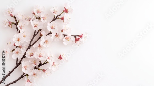 A delicate branch of pink cherry blossoms against a minimalist white background, showcasing nature's beauty and springtime elegance.