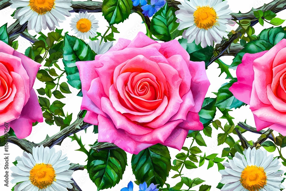 Fototapeta premium Colorful Floral Pattern with Pink Roses and White Daisies