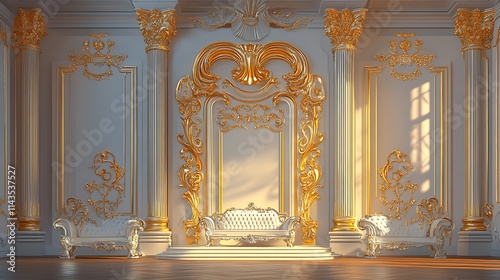 Ornate golden sofa brightly lit in grand room wide photo. AI Generated photo