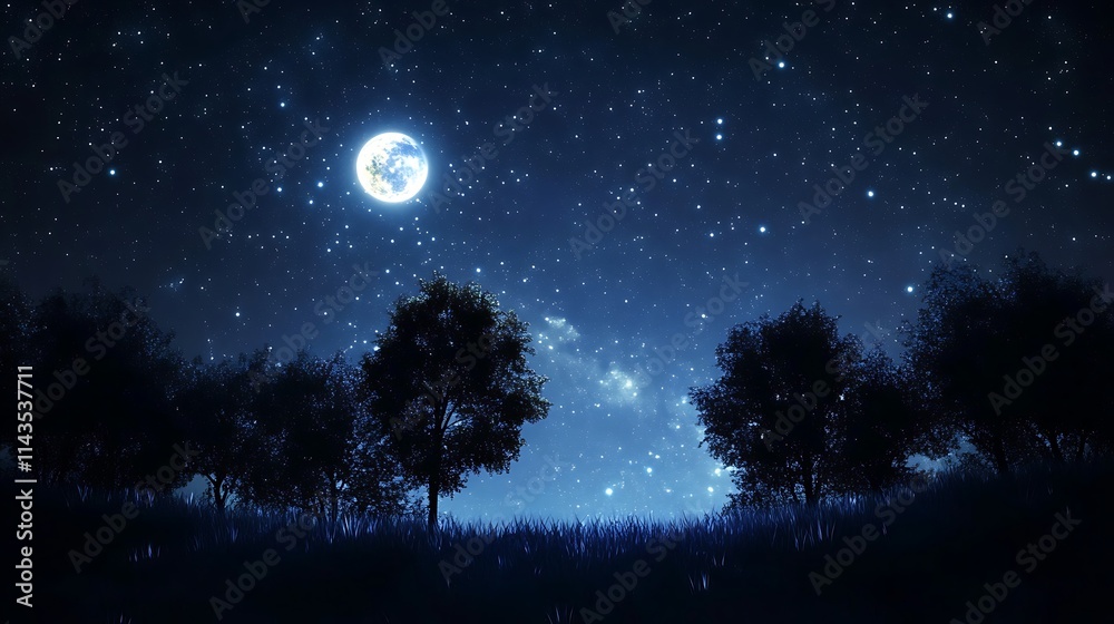 Enchanted Forest Night: 3D Render of a Starlit Moonlit Scene. AI Generated Enchanted Forest Night: 3D Render of a Starlit Moonlit Scene. AI Generated
