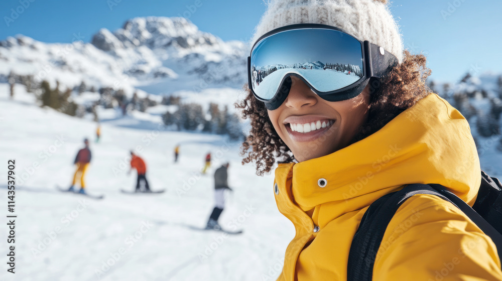 Afro woman snowboarding with helmet and goggles at slope snow mountain Afro woman snowboarding with helmet and goggles at slope snow mountain