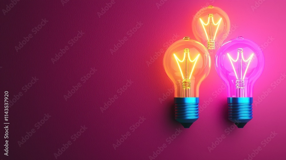 Vibrant Light Bulbs with Colorful Glow on Pink Background Vibrant Light Bulbs with Colorful Glow on Pink Background