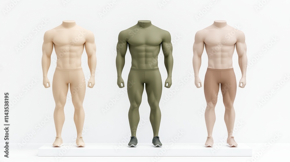 Three headless mannequins in different skin tones and athletic builds, displayed against a white background. Three headless mannequins in different skin tones and athletic builds, displayed against a white background.