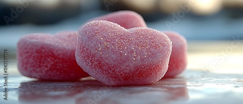 A creative arrangement of pastel-colored candy hearts spelling Valentine, complemented by small white flowers and golden glitter on a bright white background.  photo