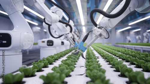 Robotic Arms Harvesting Lettuce in Hydroponic Farm photo