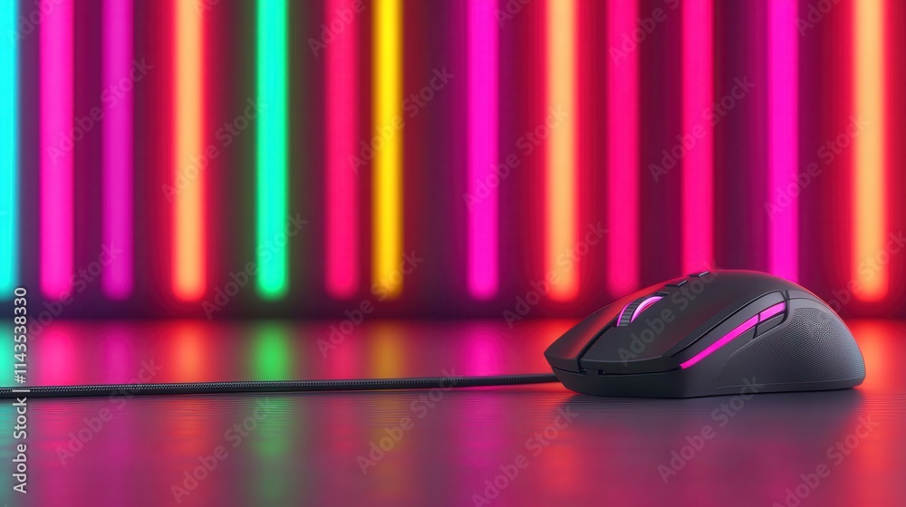 E-sports build a gaming community. Gaming mouse with vibrant neon background lights. E-sports build a gaming community. Gaming mouse with vibrant neon background lights.