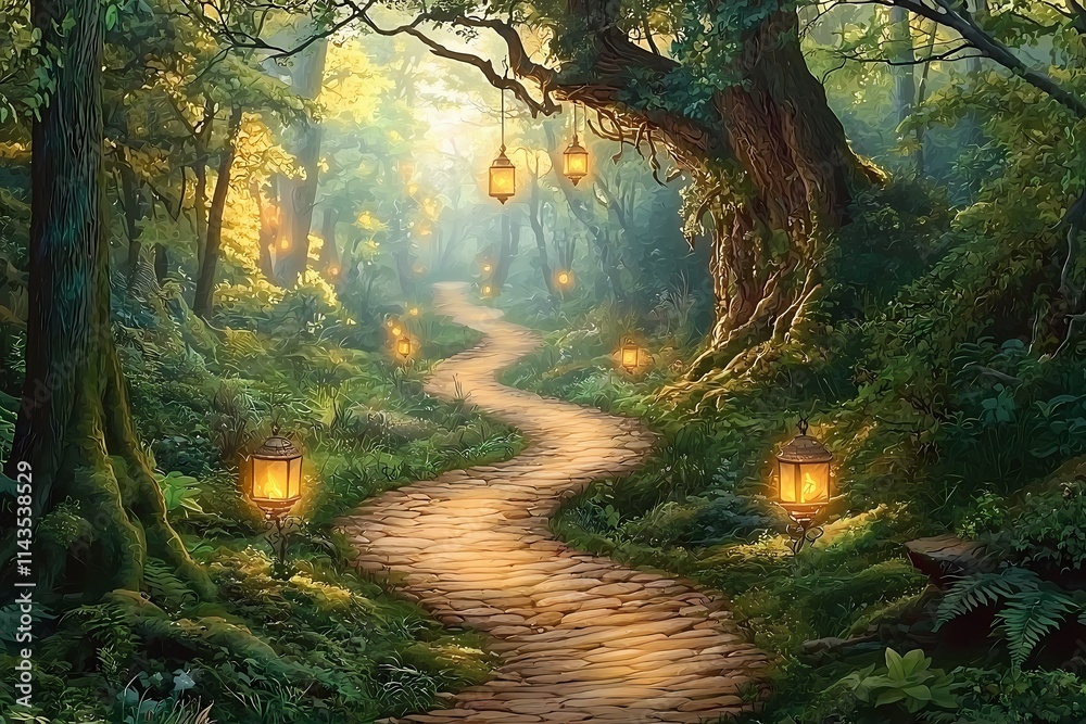 Obraz premium Enchanted Forest Pathway with Lanterns and Sunlight Filtering Through