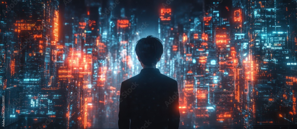 Silhouette of a person standing in front of a digital city with vibrant lights. Silhouette of a person standing in front of a digital city with vibrant lights.