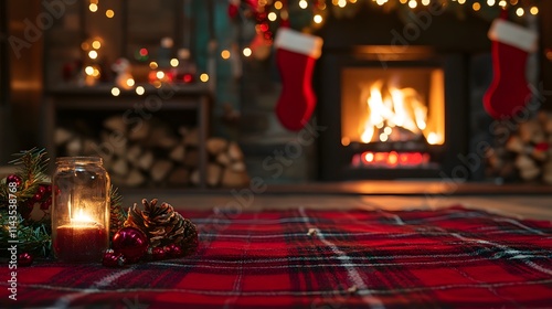 23. A Christmas scene featuring a roaring fire, holiday decorations, and a red plaid rug spread across the floor photo