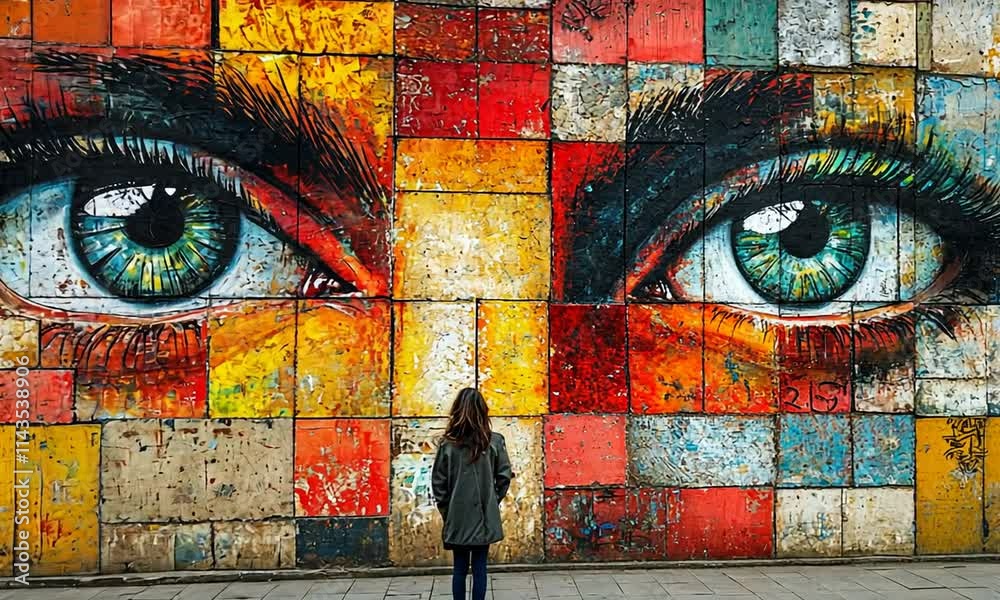 A mural of vibrant eyes on a colorful wall with a person standing. A mural of vibrant eyes on a colorful wall with a person standing.