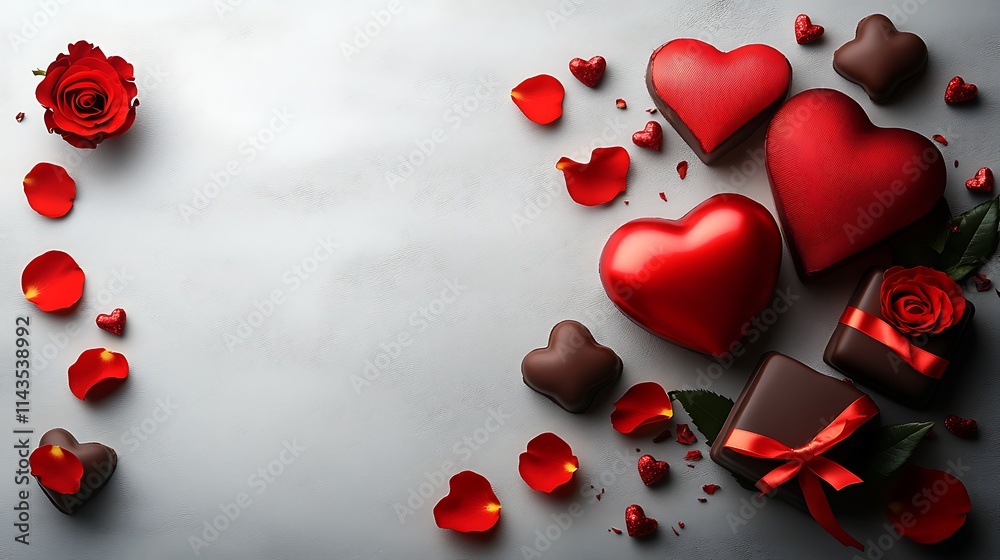 A romantic scene with a heart-shaped chocolate box, small candles, and rose petals scattered on a smooth white background for Valentine's Day. 