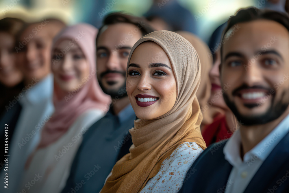 Portrait of a business woman wearing a hijab within a diverse group of business people smiling and standing together Portrait of a business woman wearing a hijab within a diverse group of business people smiling and standing together