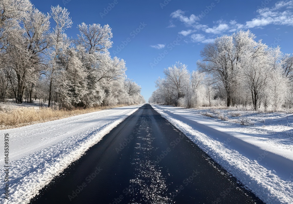 Serene Winter Landscape Featuring a Snow-Covered Road Surrounded by Frosty Trees Under a Bright Blue Sky Serene Winter Landscape Featuring a Snow-Covered Road Surrounded by Frosty Trees Under a Bright Blue Sky