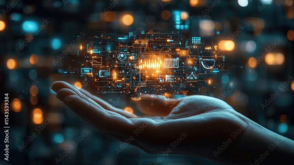 Futuristic Digital Interface Projected from Hand with Glowing Data and Virtual Elements Showcasing Technology and Innovation in a Modern Environment Futuristic Digital Interface Projected from Hand with Glowing Data and Virtual Elements Showcasing Technology and Innovation in a Modern Environment