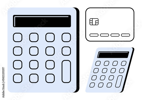 Calculator with keypad and display, credit card with chip and number placeholders. Ideal for finance, budgeting, accounting, banking, shopping, business financial education. Line metaphor