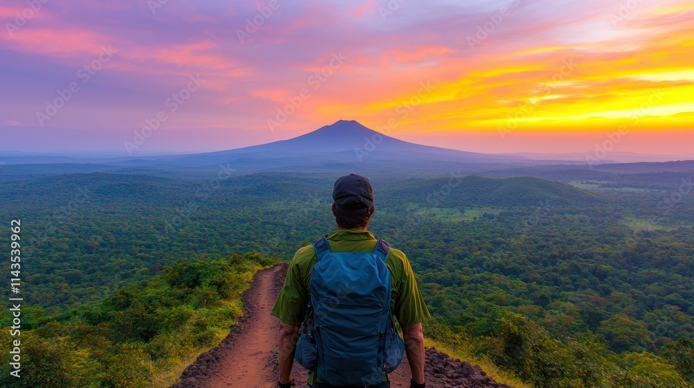 Fototapeta premium Hiker Stands on Ridge Overlooking Lush Green Landscape at Sunset