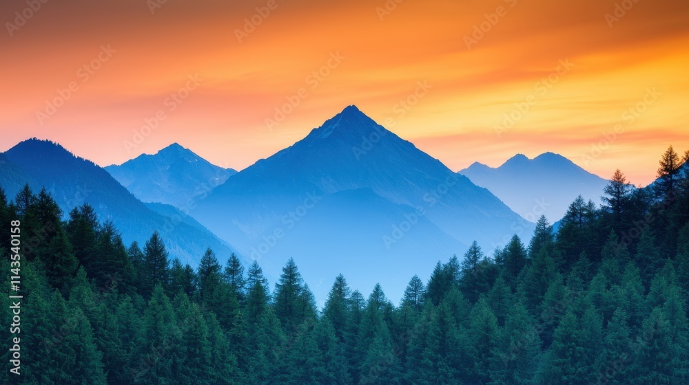 Naklejka premium Majestic Mountains at Sunset with Misty Forest Landscape Views