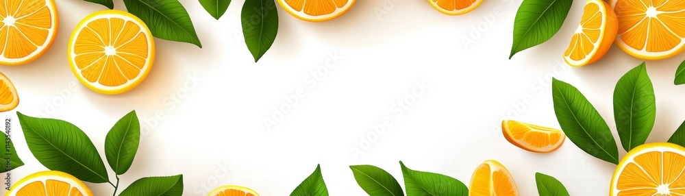 Fototapeta premium Fresh Orange Slices and Leaves Border on White Background