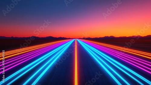 Vibrant Neon Road Under Colorful Sunset Sky with Mountain Background