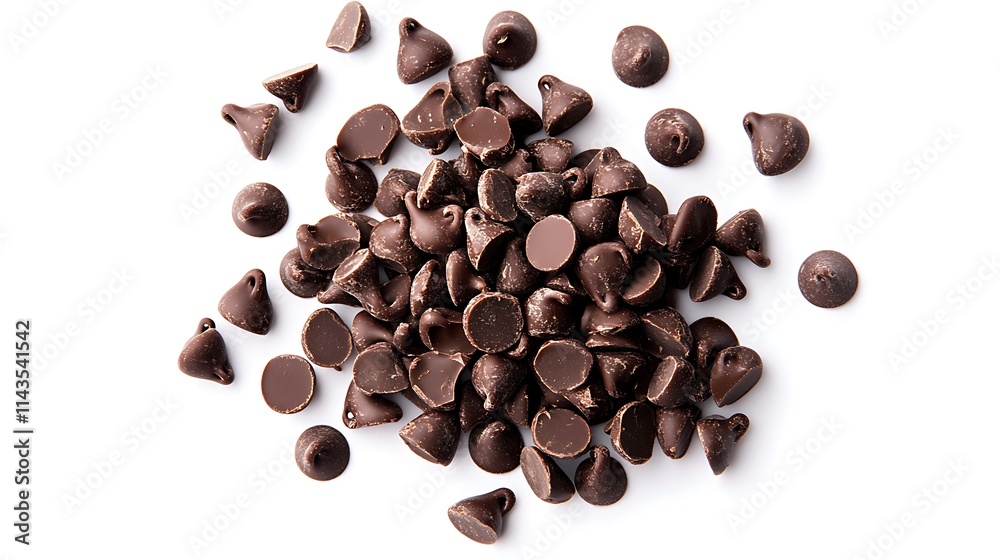Scattered dark chocolate chips mockup closeup photo on white surface. AI Generated Scattered dark chocolate chips mockup closeup photo on white surface. AI Generated