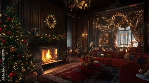 67. A festive living space featuring a roaring fire, twinkling holiday garlands, and vintage red-and-gold ornaments