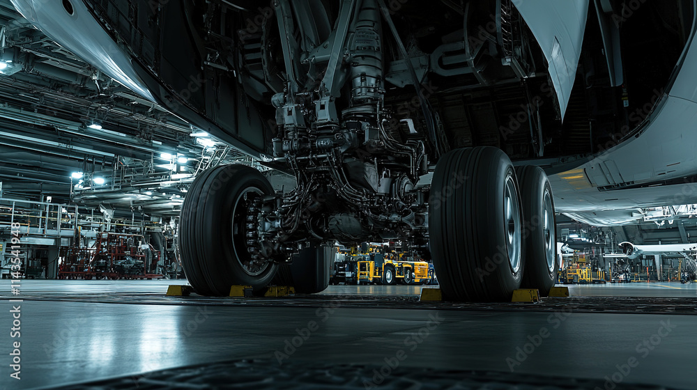 Fototapeta premium Airplane wheel compartment with mechanical components and hydraulic systems, essential for safe landing and takeoff. Precision engineering and aviation safety concepts.