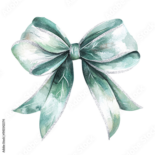 Delicate christmas bow decoration home setting clipart style gentle green background aesthetic design concept