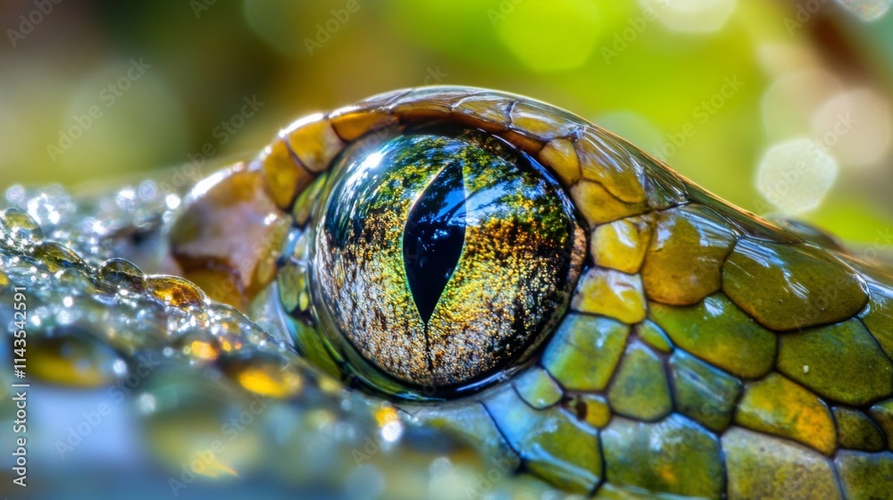 Fototapeta premium Close-up of a snake's eye, showcasing intricate scales and vibrant colors.