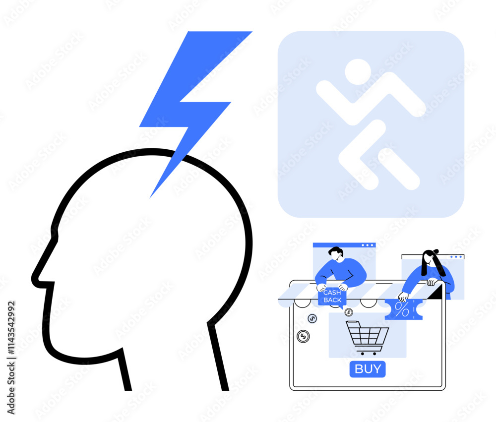 Human head with lightning bolt, person running upward in background, shopping cart with BUY button, cashback offer. Ideal for e-commerce, online shopping, digital marketing, consumer behavior Human head with lightning bolt, person running upward in background, shopping cart with BUY button, cashback offer. Ideal for e-commerce, online shopping, digital marketing, consumer behavior