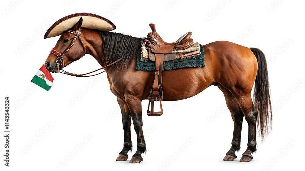 Majestic Horse Displaying Traditional Mexican Charro Attire with a Flag, Perfect Representation of Cultural Heritage and Equestrian Elegance Majestic Horse Displaying Traditional Mexican Charro Attire with a Flag, Perfect Representation of Cultural Heritage and Equestrian Elegance